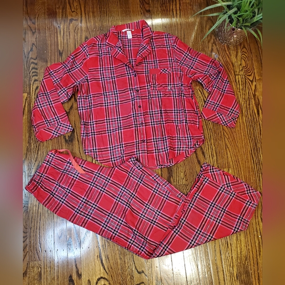 Victoria's Secret Pajama Set Red Plaid Top & Bottom Pants Long Sleeve - Picture 2 of 14